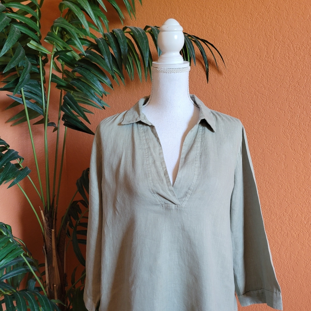 Tahari Linen Blouse Top Tunic Collar V Neck Sage Green Large